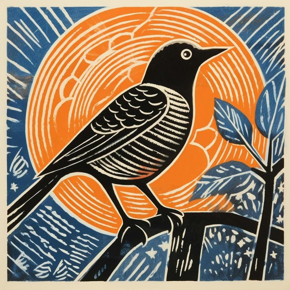 Lithographie d'Oiseau Rétro Merle-bleu 1