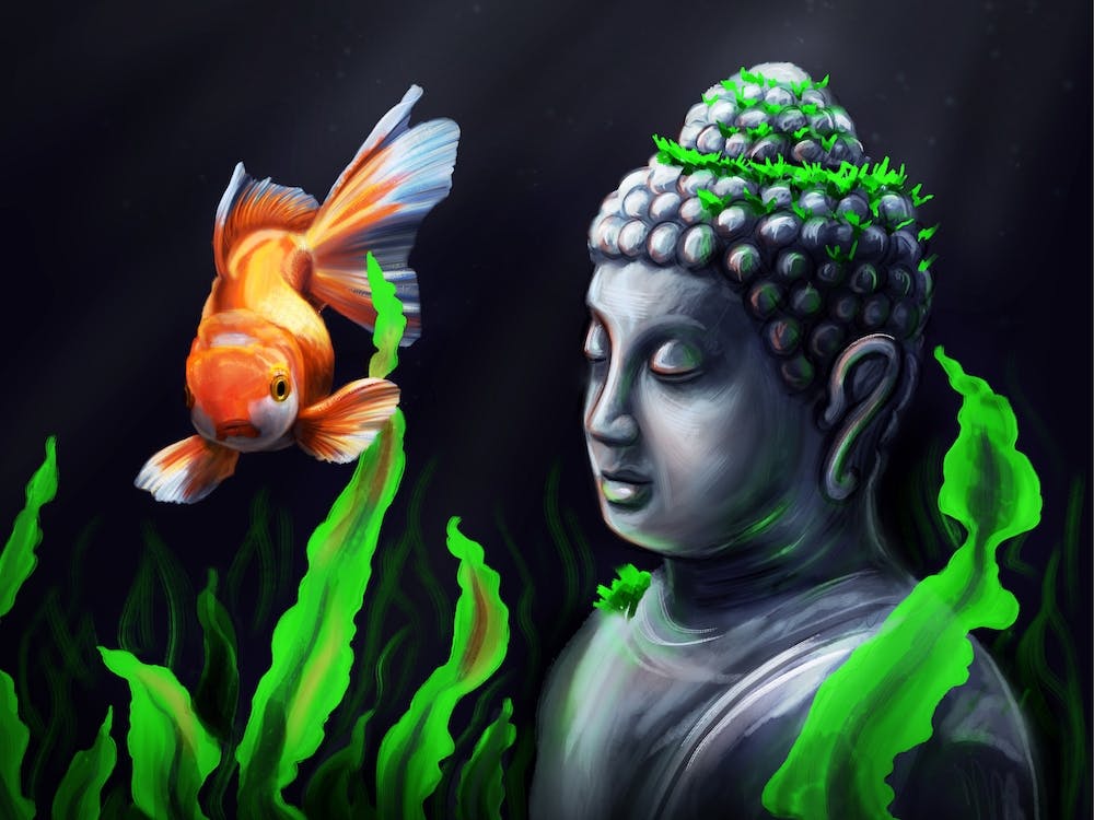 A goldfish and a Buddha statue. Under the water, a bright golden fish and a Buddha statue, surrounded by algae, in bright colors on a dark background.
