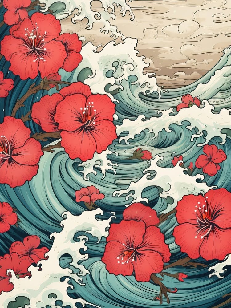 Great Wave With Geranium Flower Drawing In The Style Of Ukiyo E 1