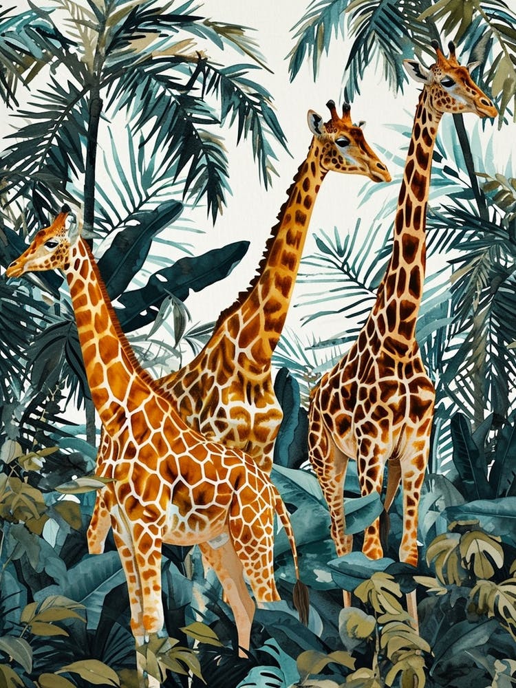 Giraffes In The Leaves Watercolour Illustration