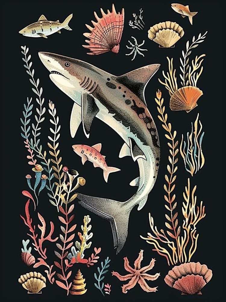 White Tip Reef Shark Seascape Black Background Illustration 4