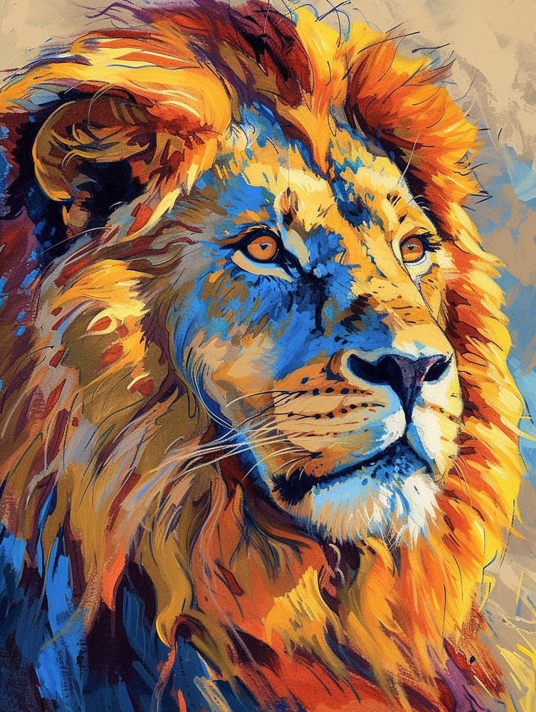 Southwest African Lion Portrait Close Up Fauvist Painting 1