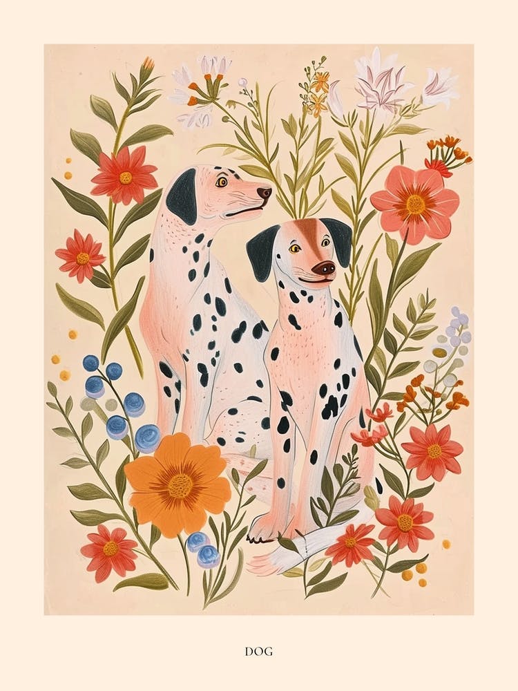 Folksy Floral Animal Drawing Dog Poster