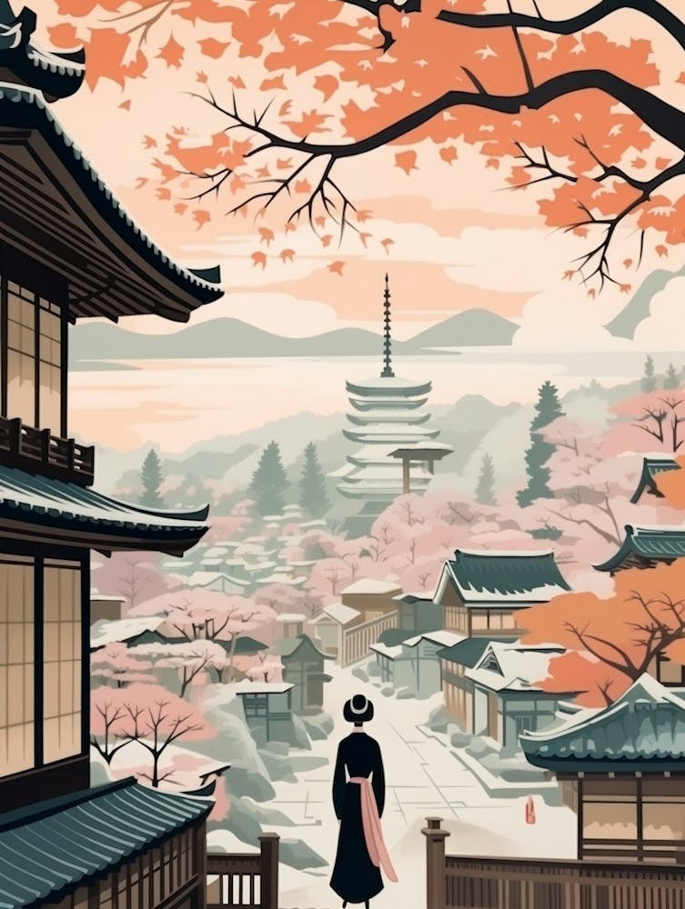 Vintage Winter Travel Illustration Kyoto Japan 3