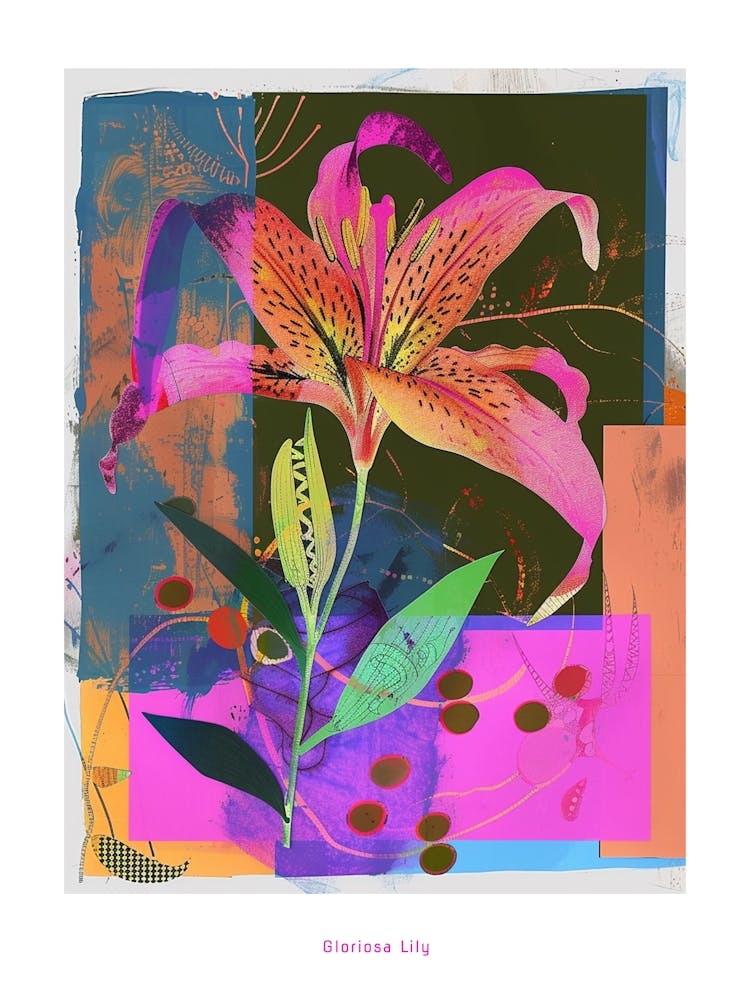 Lis Gloriosa 3 - Affiche Collage Fleur Néon