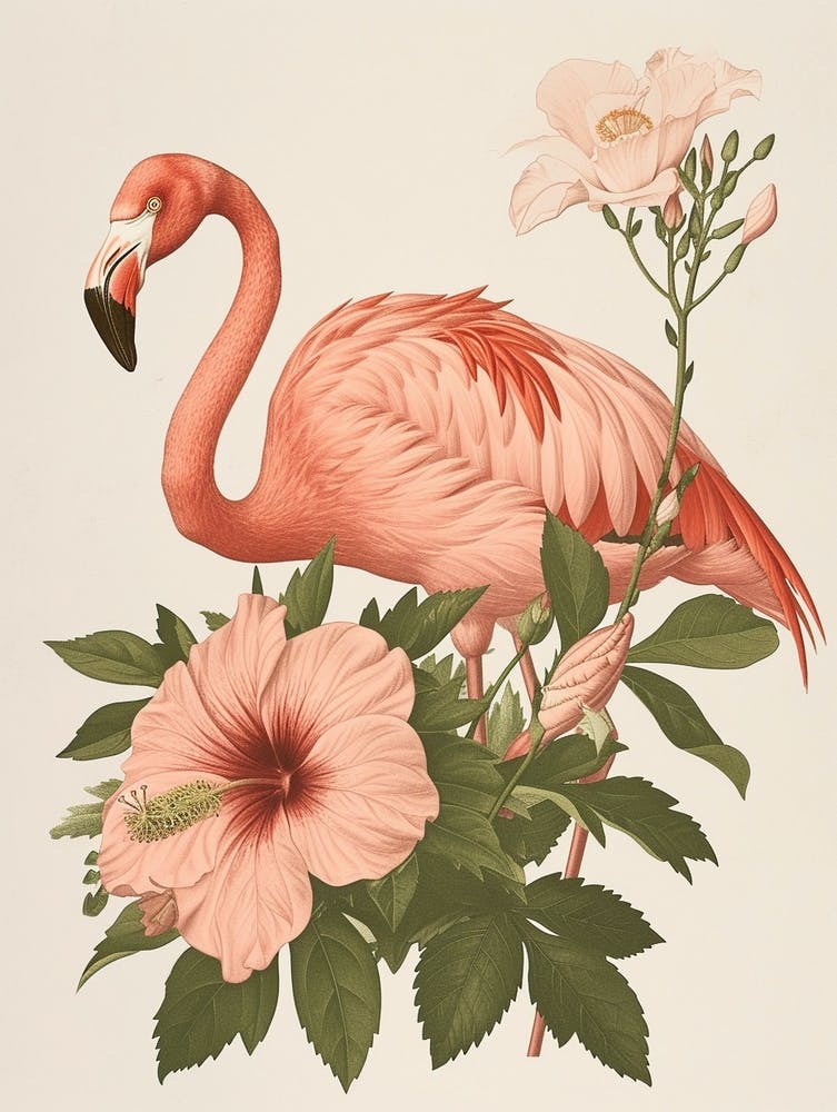 American Flamingo And Hibiscus Minimalist Illustration 1