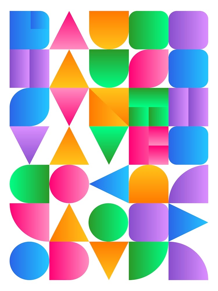Synthwave Bauhaus Rainbow poster #1 (pink-blue-yellow) — abstract poster, retrowave print 3