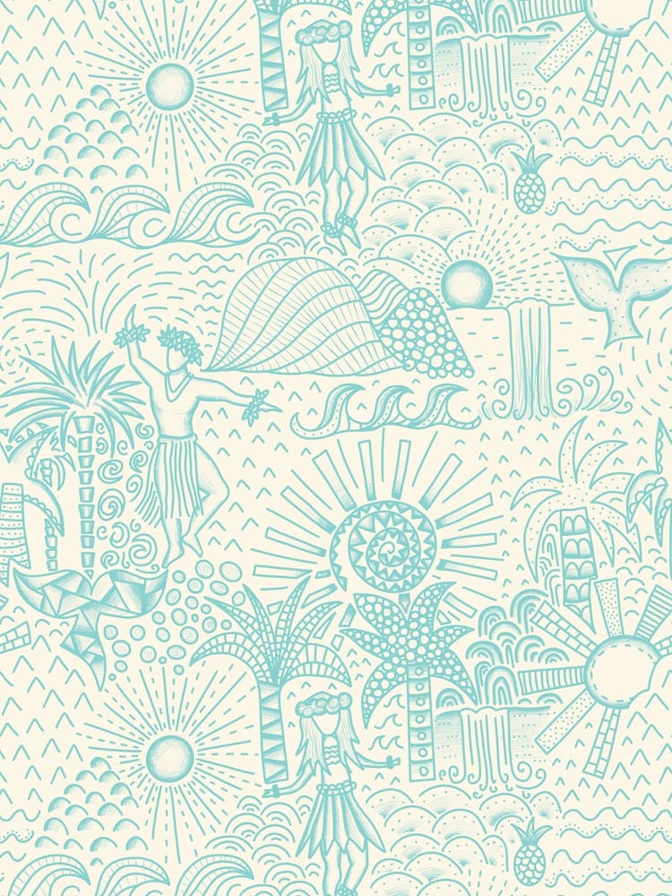 Hawaiian Toile Polynesian Hula Dance Tropical Landscape Aqua Blue Cream White