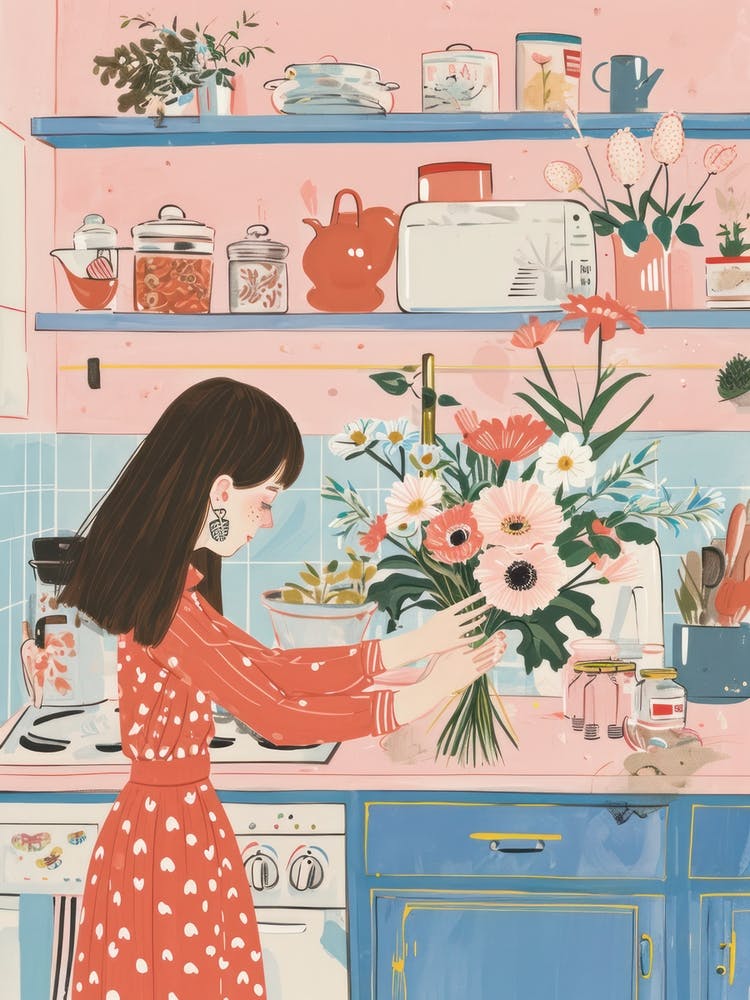 Girl With Flower Bouquet Lo Fi Kawaii Illustration 1