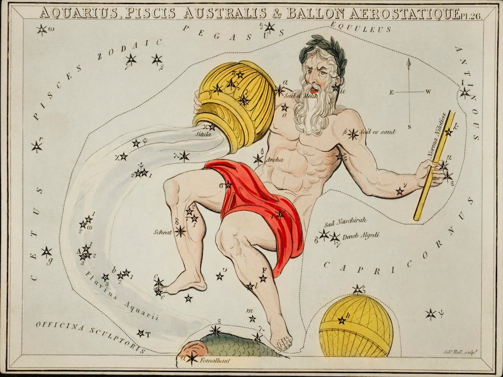 Sidney Hall’s (1831), Astronomical Chart Illustration Of The Zodiacs Aquaris, Piscis Australis And Ballon Aerostatique