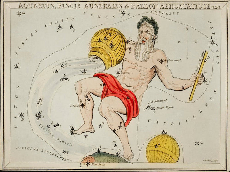 Sidney Hall’s (1831), Astronomical Chart Illustration Of The Zodiacs Aquaris, Piscis Australis And Ballon Aerostatique