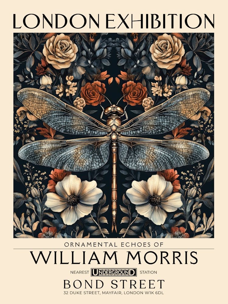William Morris Dragonfly and floral artwork in Warm earth tones, insect and flower pattern dark academia library Botanical vintage print, living room vintage decor Floral tapestry Victorian nature art 31
