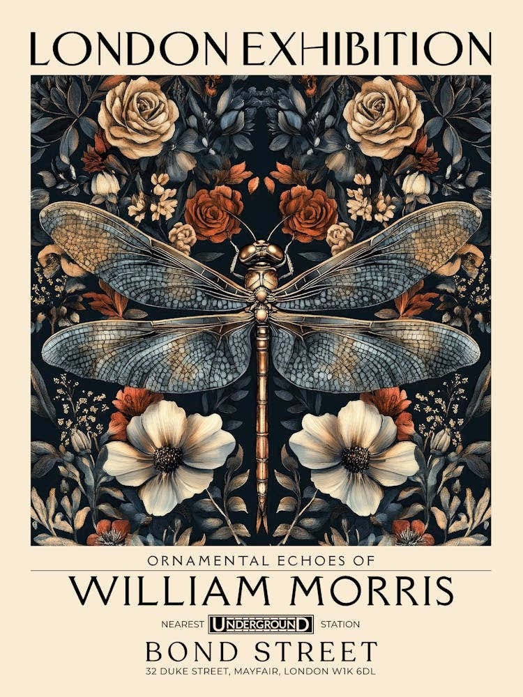 William Morris Dragonfly and floral artwork in Warm earth tones, insect and flower pattern dark academia library Botanical vintage print, living room vintage decor Floral tapestry Victorian nature art 31