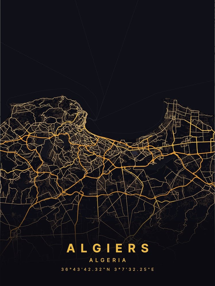 Algiers Algeria Black And Gold Map