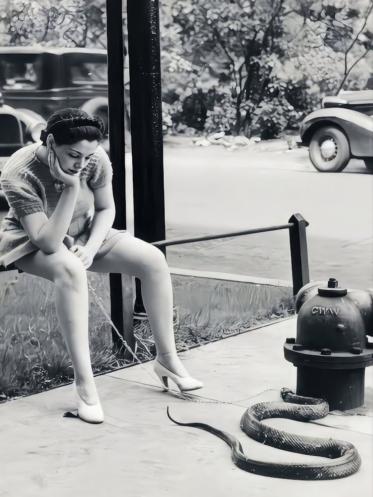 Woman Walking Pet Snake Wall Art, Black And White Art, Vintage Snake On Leash, Oddities, Retro Snake Print, Funny Poster, Entry Room Decor