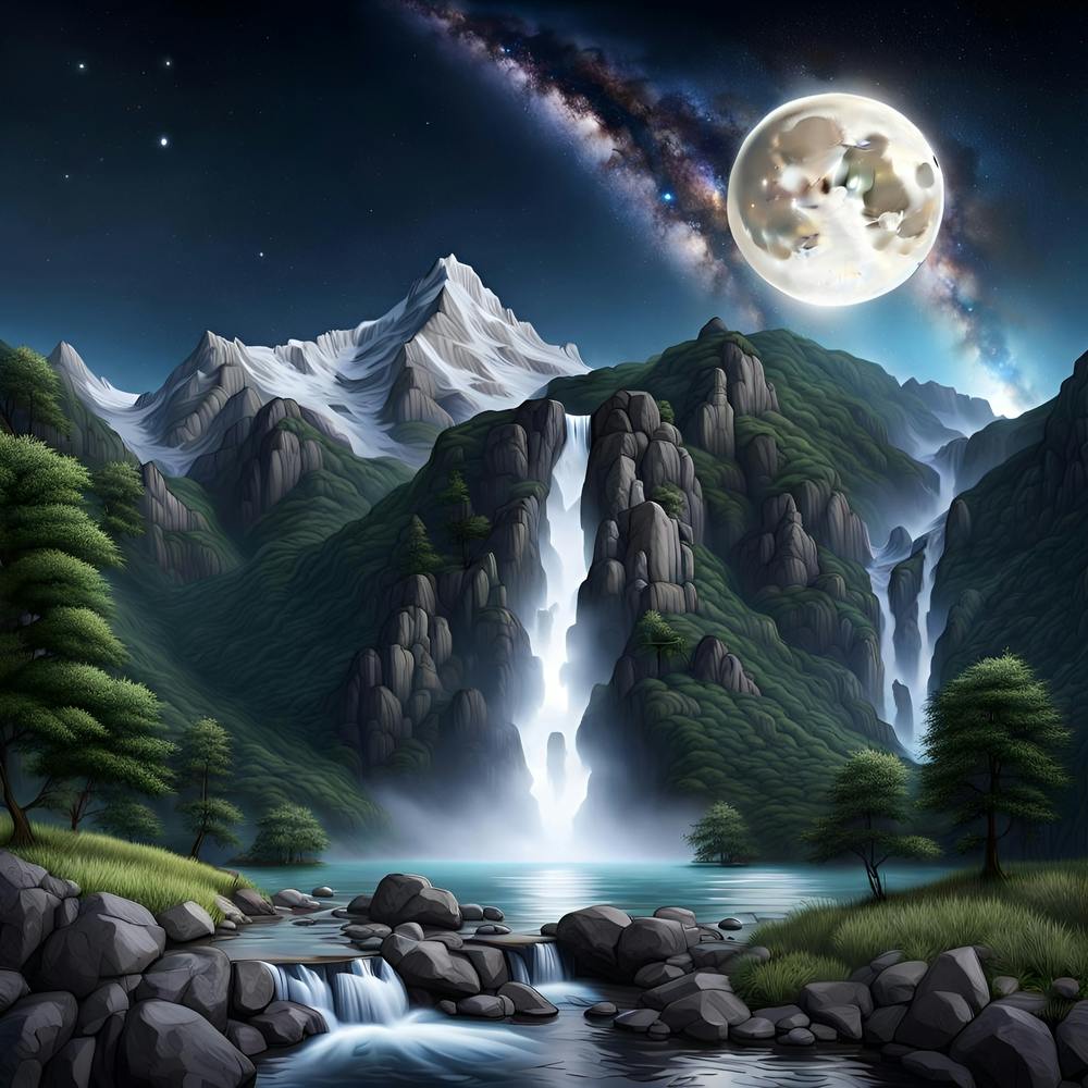 Full Moon Over Waterfall
