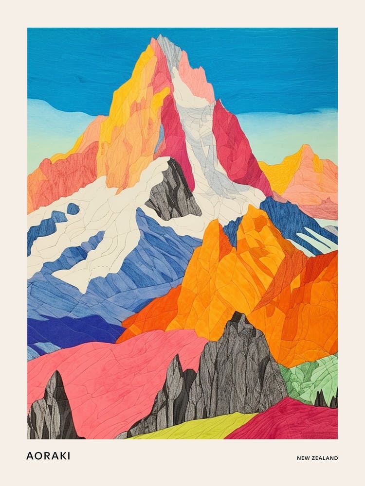 Aoraki New Zealand 2 Colourful Mountain Illustration Poster