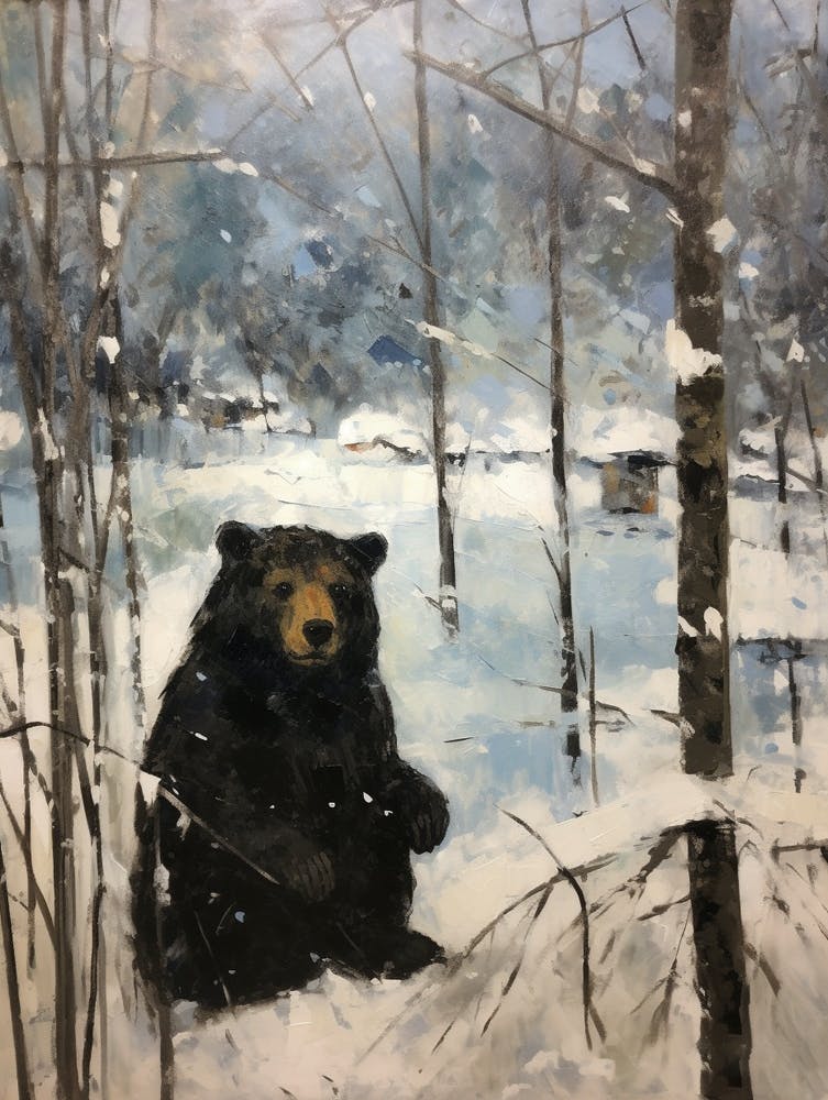 Vintage Winter Animal Painting Black Bear 2