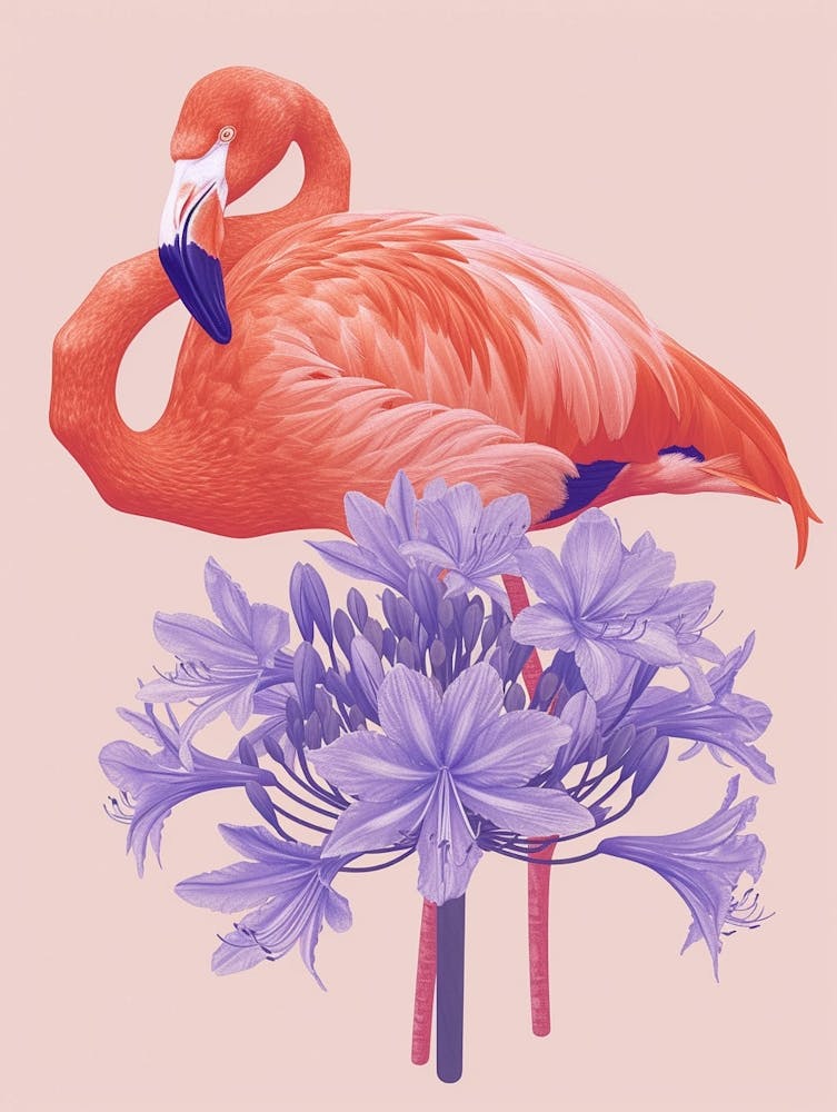 Andean Flamingo And Agapanthus Minimalist Illustration 1