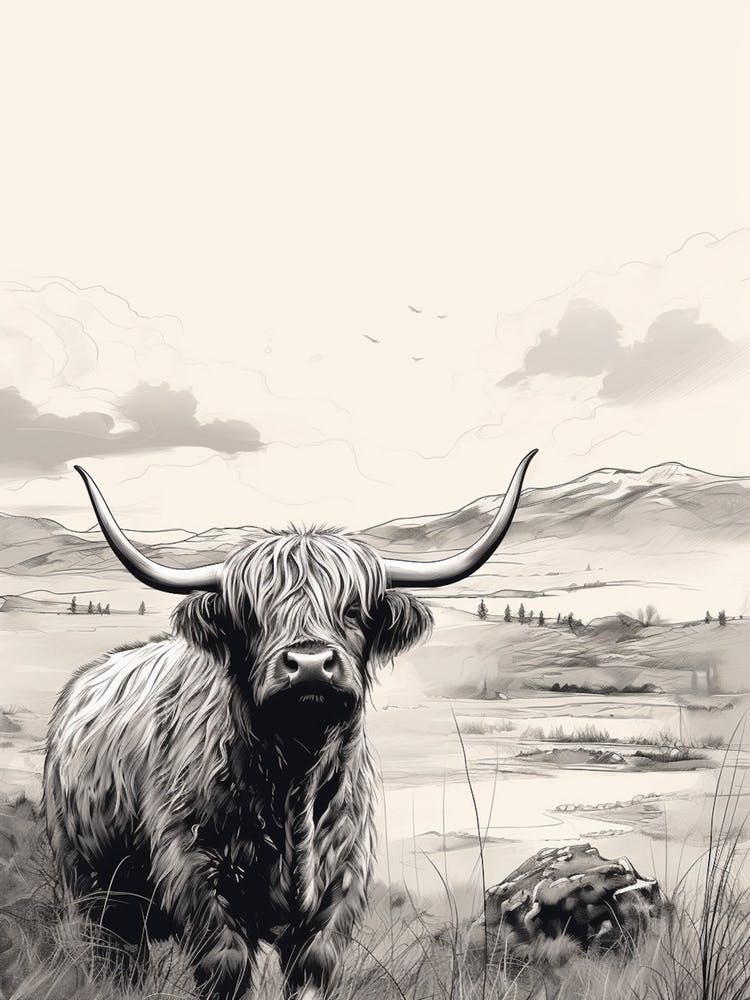 Black & White Illustration Of Highland Cow With Valley In The Distance