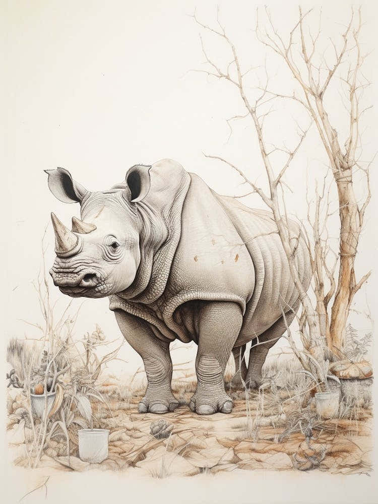 Rhino By The Trees Vintage Illustration 1