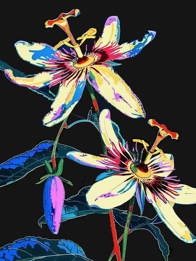 Neon Flowers On Black Passionflower 1
