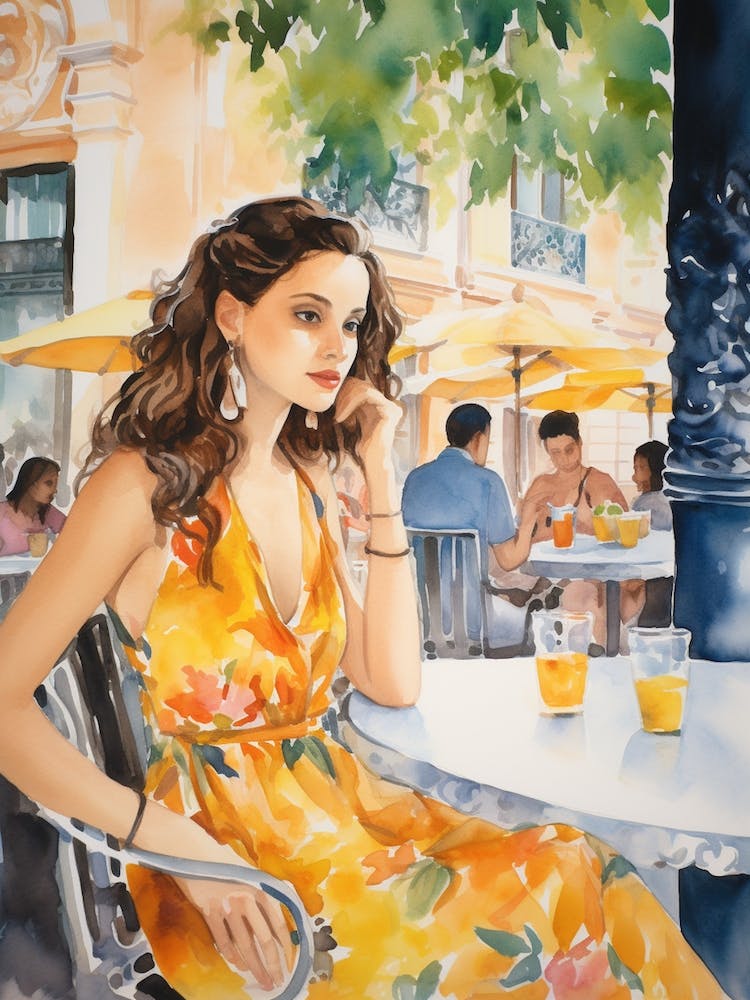 At A Cafe In Barcelona Spain 3 Watercolour
