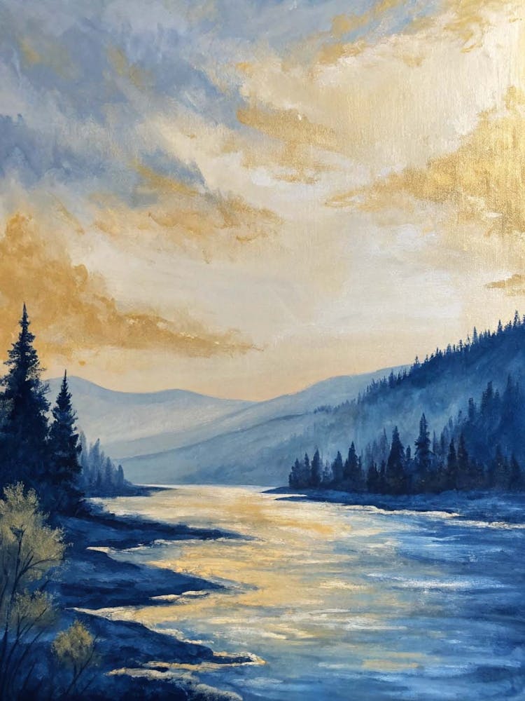 Golden Serenity – Tranquil River Landscape Canvas Print For Cozy Interiors