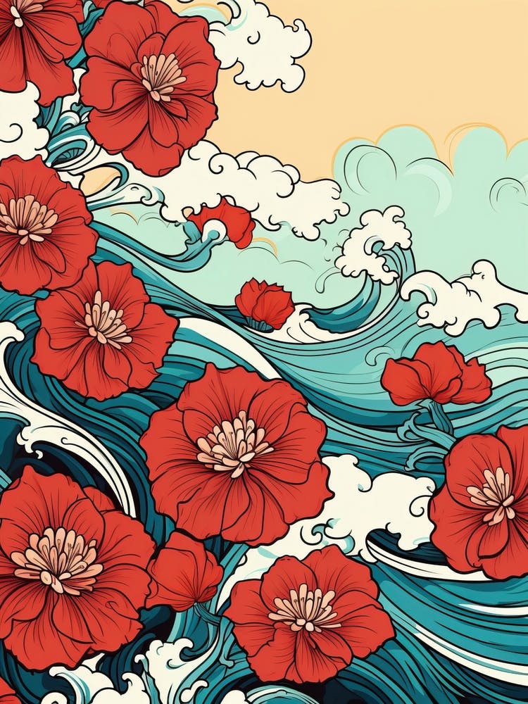 Great Wave With Poppy Flower Drawing In The Style Of Ukiyo E 3