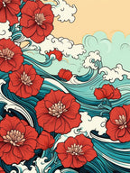 Great Wave With Poppy Flower Drawing In The Style Of Ukiyo E 3