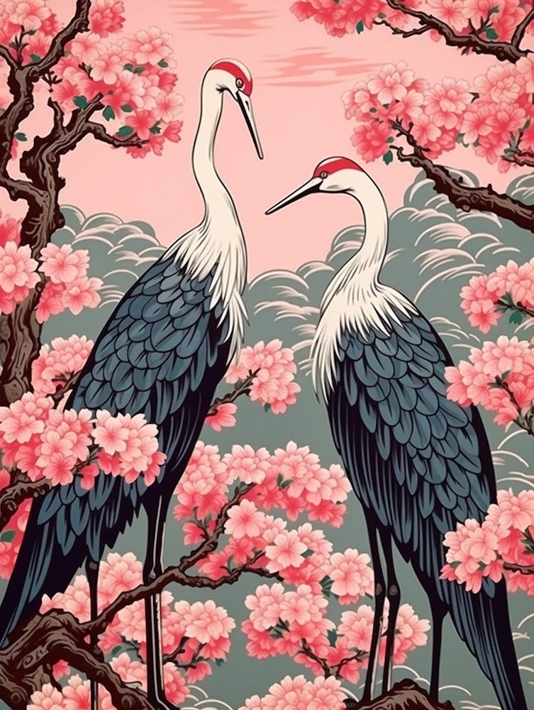 Cherry Blossom And Cranes Vintage Japanese Botanical