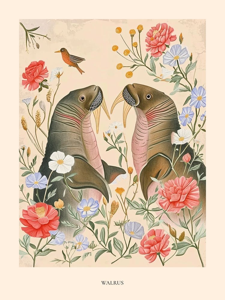 Folksy Floral Animal Drawing Walrus 2 Poster