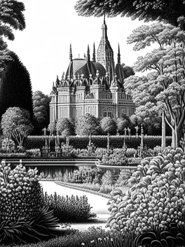 Chateau De Chantilly Gardens 1 France Linocut Black And White Vintage