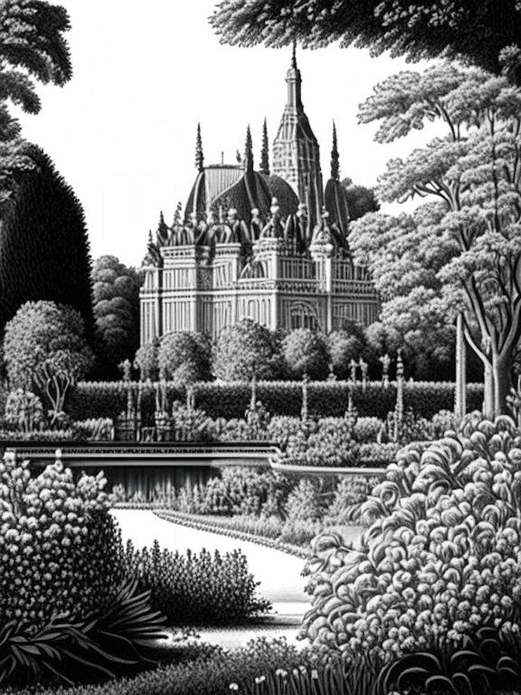 Chateau De Chantilly Gardens 1 France Linocut Black And White Vintage
