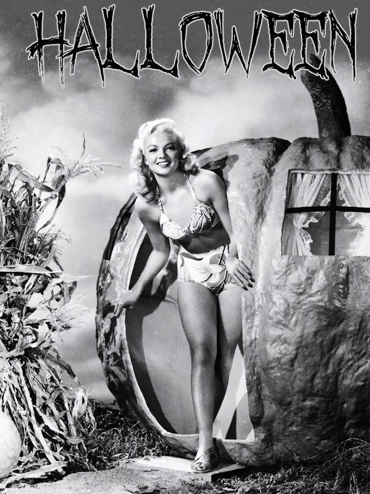 Beautiful Pin Up Girl Coming From A Big Pumpkin