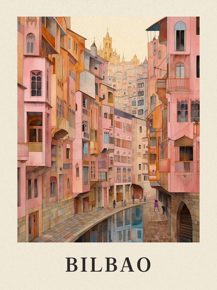 Bilbao Spain 1 Vintage Pink Travel Illustration Poster