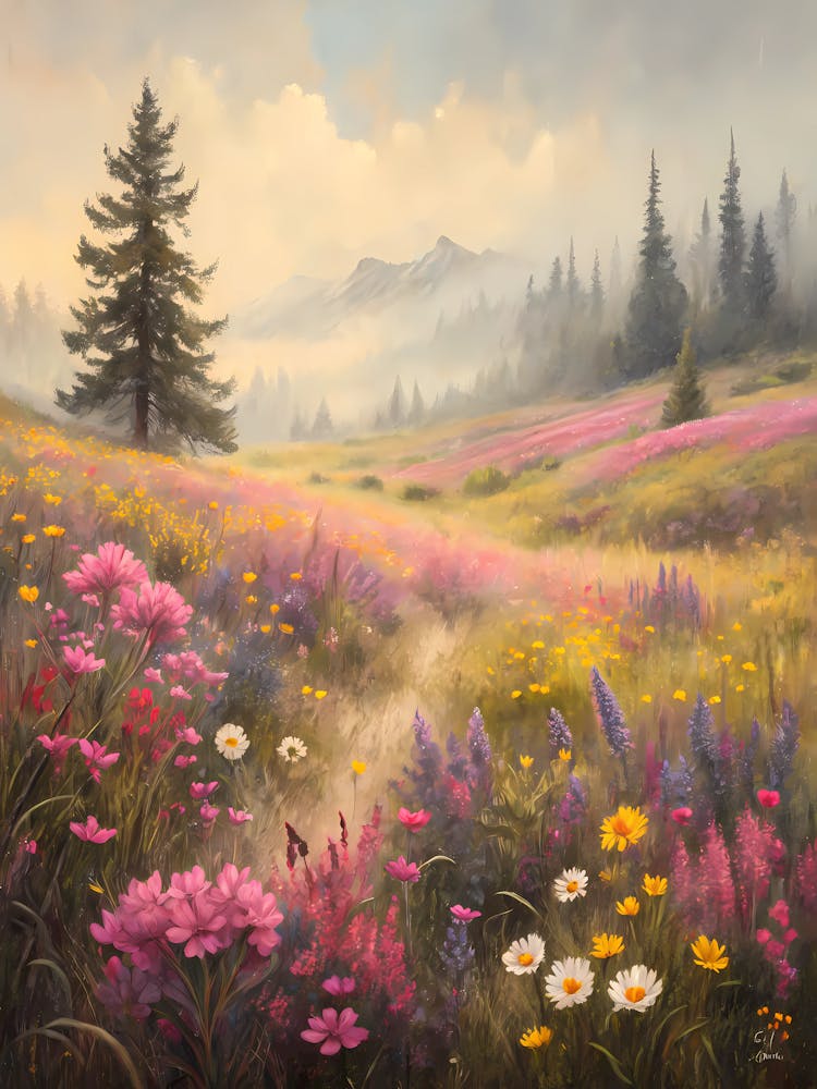 Oil Painting Style Wildflower Meadow With Foggy