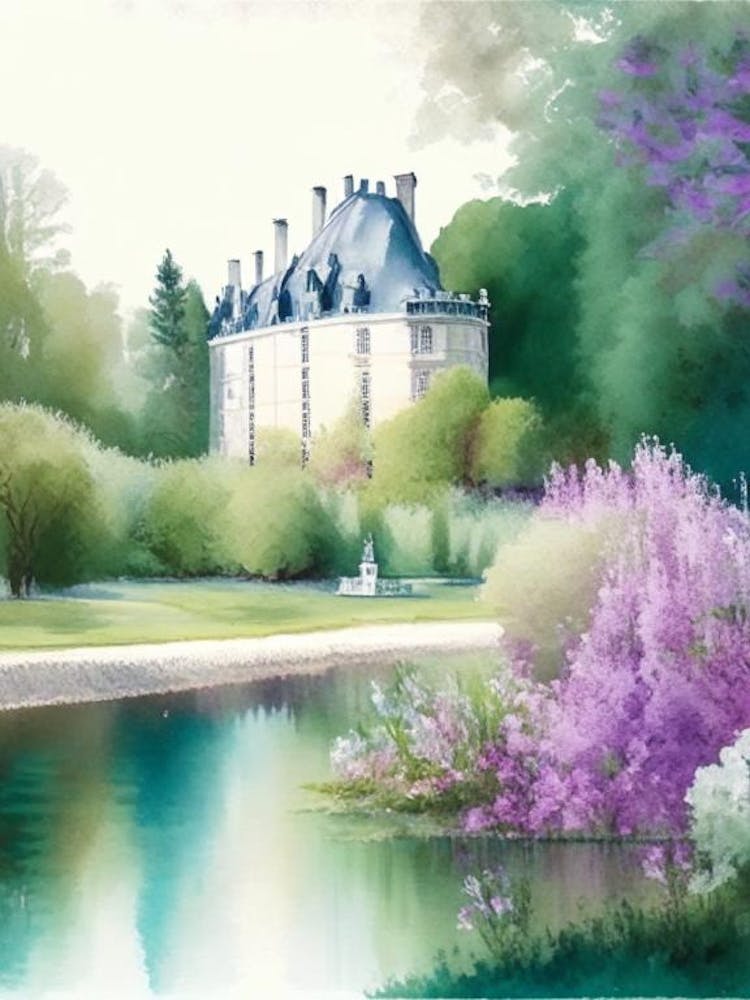 Château De Chenonceau Gardens, 1, France Pastel Watercolour