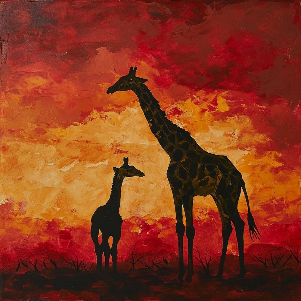 Giraffe & Calf In The Sunset Red Brushstrokes 4