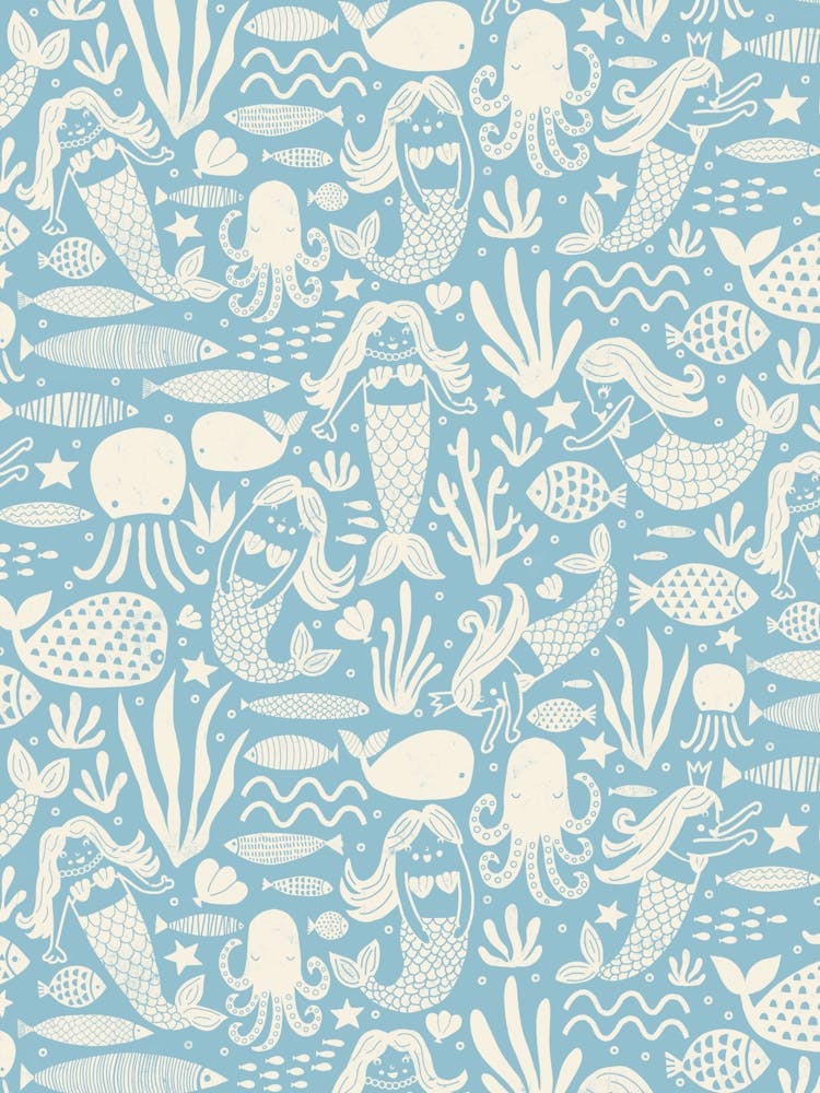 Underwater Mermaids and Sea Life Block Print White on Sky Blue Kids