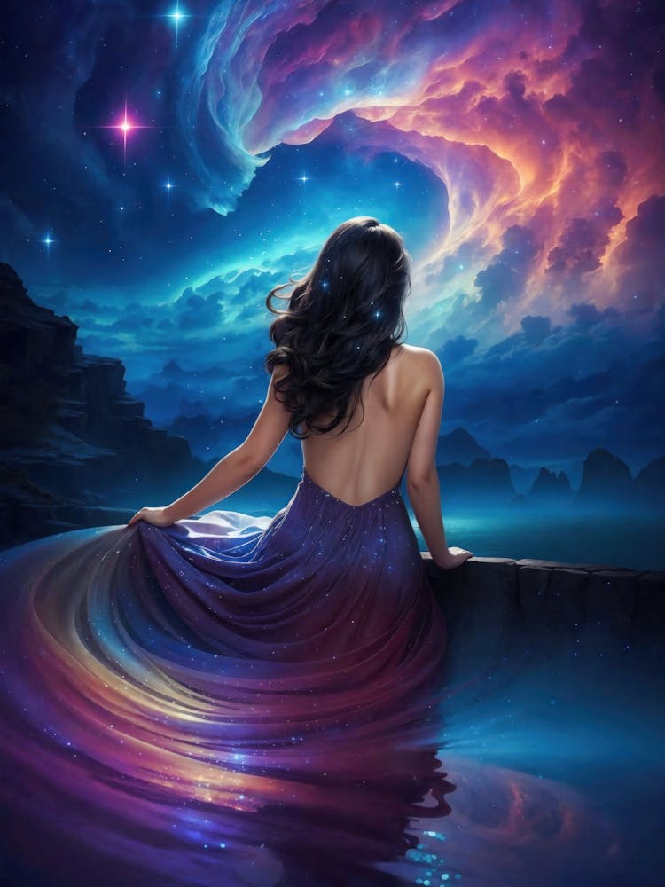 A sexy fantasy woman is watching the vast galaxy landscape. The neon colors of the interstellar night sky reflect on the pool and her dress. The Milky Way and planets shine bright in the cosmos. Astronomy and stars come to life in this spacey galaxy.