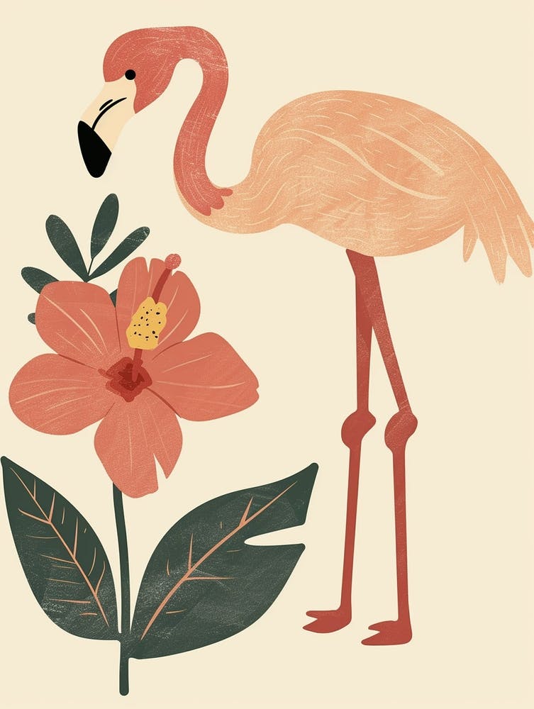 Andean Flamingo And Tiare Flower Minimalist Illustration 1