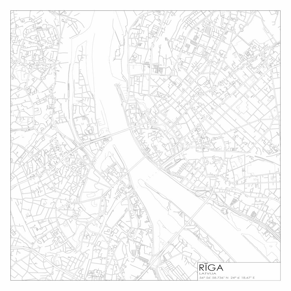 Rīga, Latvija, (Riga, Latvia) City Map Black On White Blueprint Design