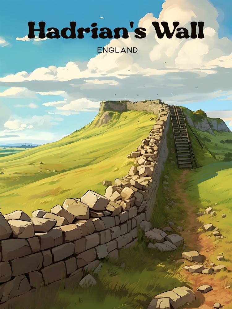 Hadrian's Wall England Historic Landmark Travel Art Illustration