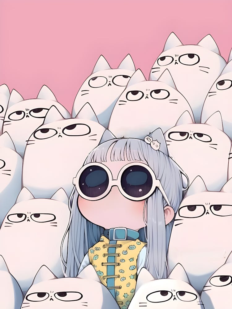 Cool Cat Energy Cute Aesthetic Anime Kawaii Girl & Funny Cats Illustration
