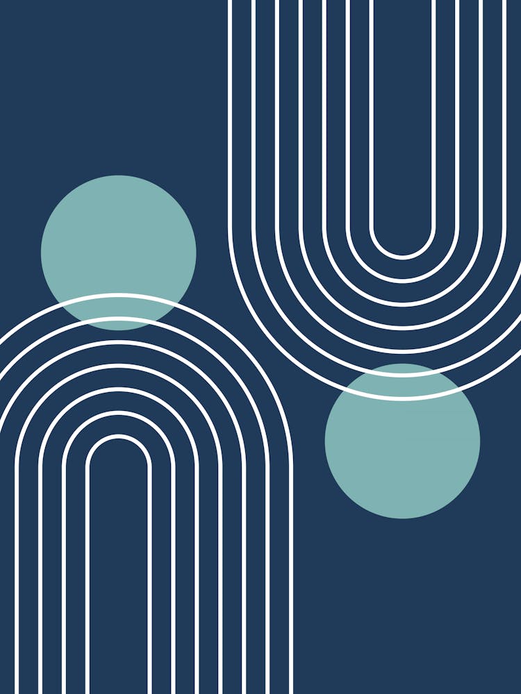 Mid Century Modern Geometric B14 In Navy Blue And Turquoise (Rainbow And Sun Abstract) 01