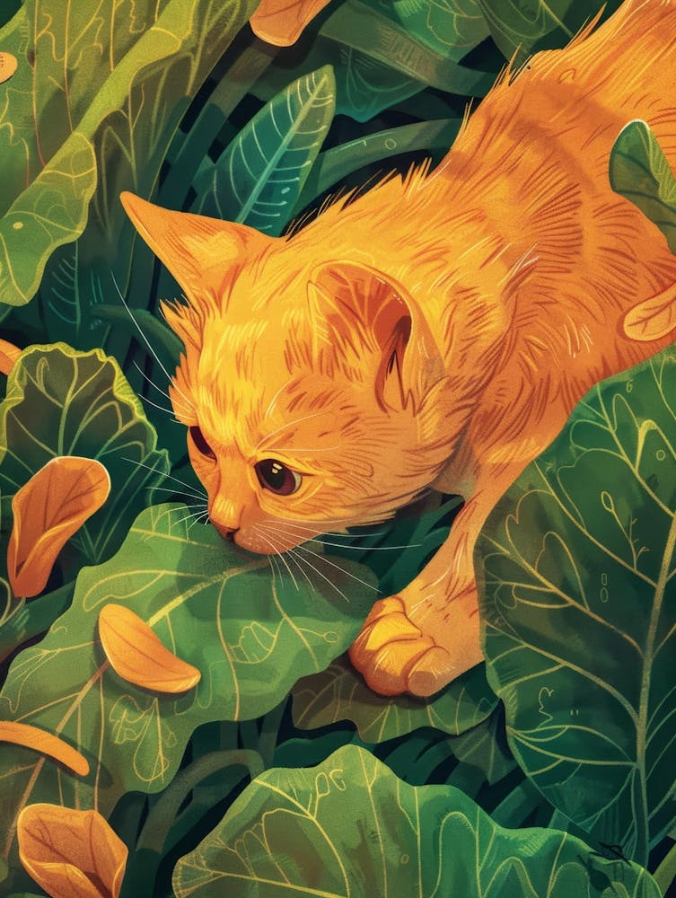 Orange Cat In Leafy Greens