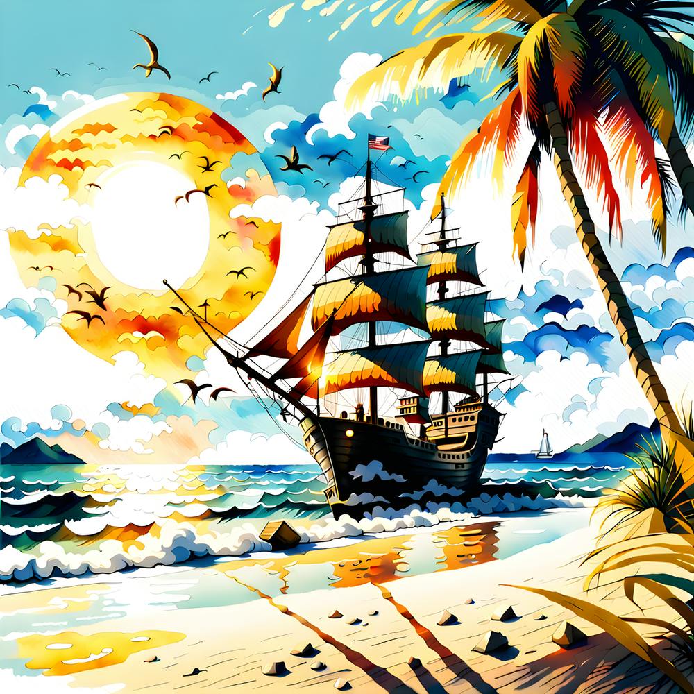 Beach With Palm Trees And A Hyper Realistic Bright Sun