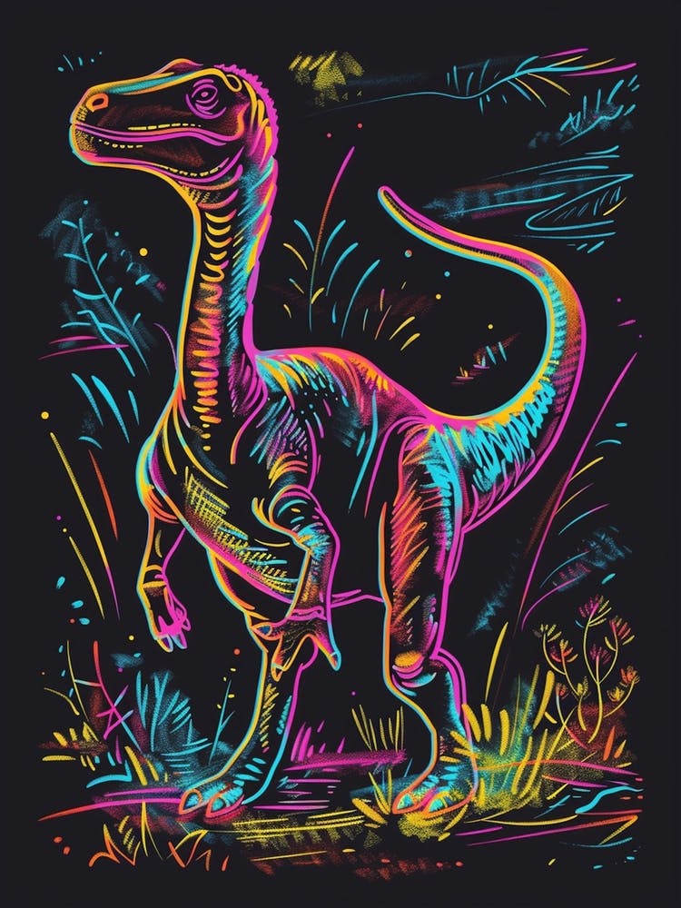 Neon Rainbow Dinosaur Line Illustration With Black Background 2