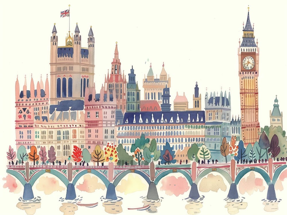 London England Landmarks Landscape Watercolour